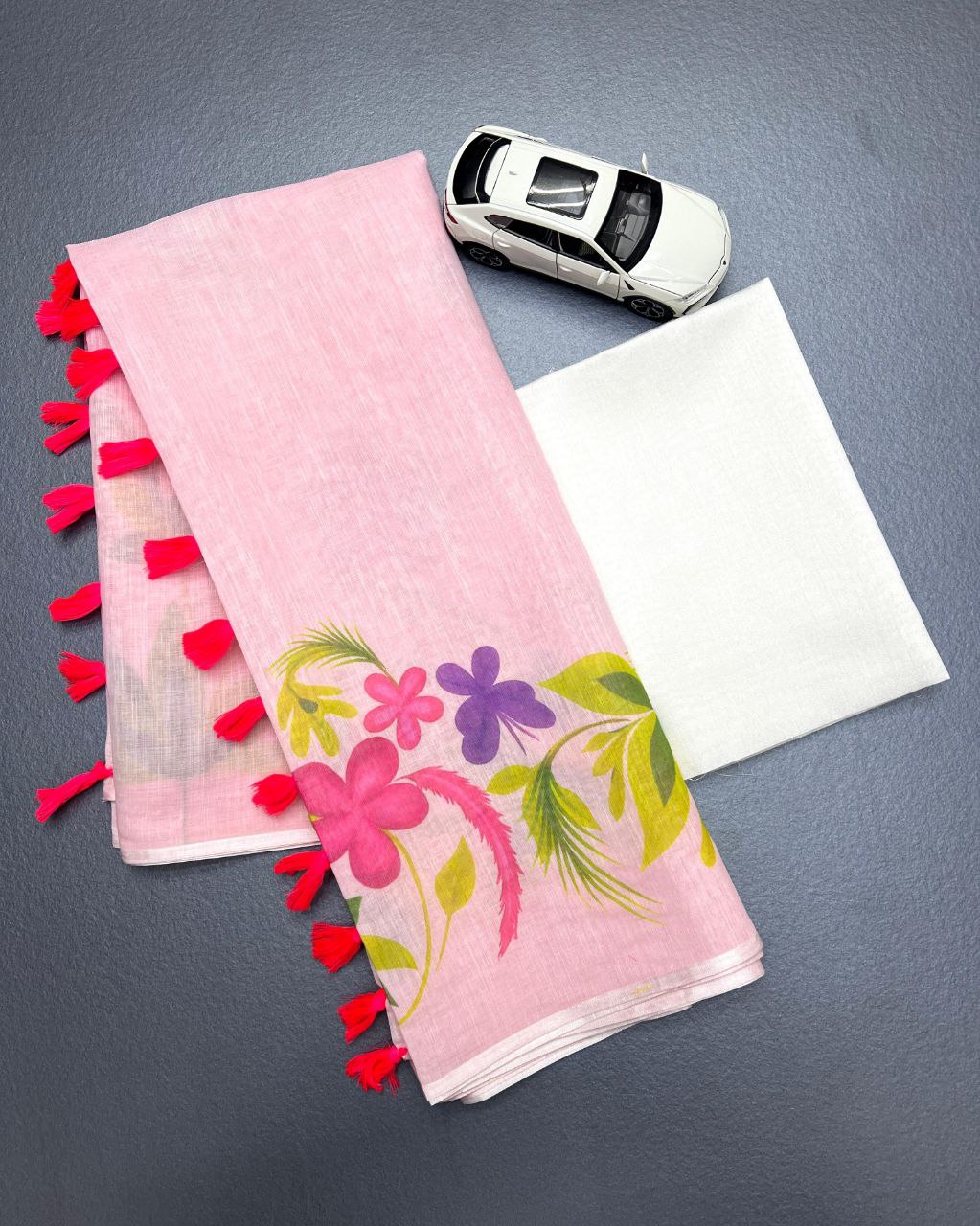 Soft Pink Linen Saree with Colorful Floral Digital Print & Satin Blouse