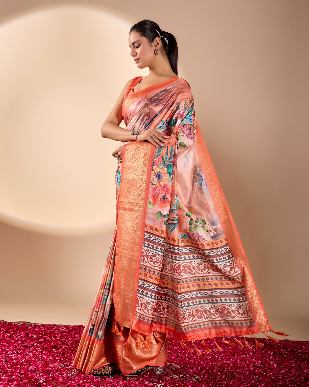 Luxurious Coral Soft Lichi Silk Saree with Elegant Floral Patterns and Zari Border