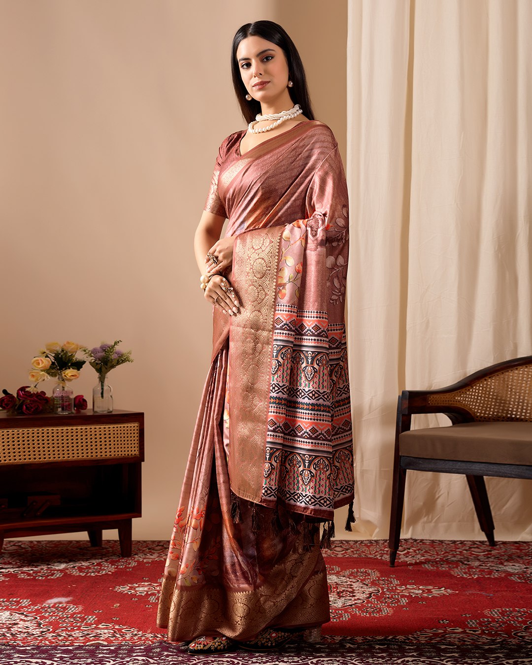 Luxurious Soft Lichi Silk Saree with Graceful Patola-Inspired Motifs