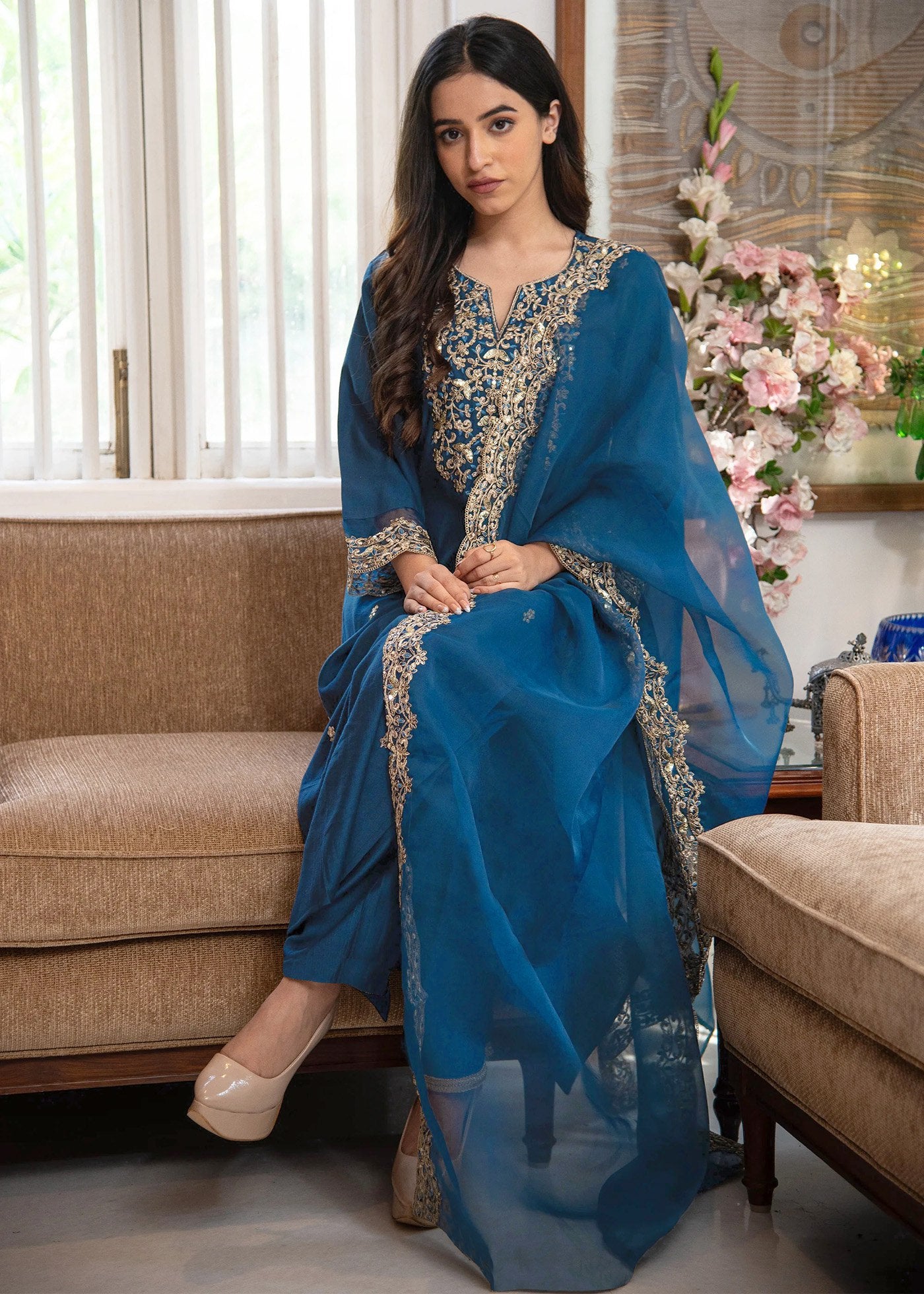 Royal Cerulean Blue Embroidered Kurta Set with Organza Dupatta
