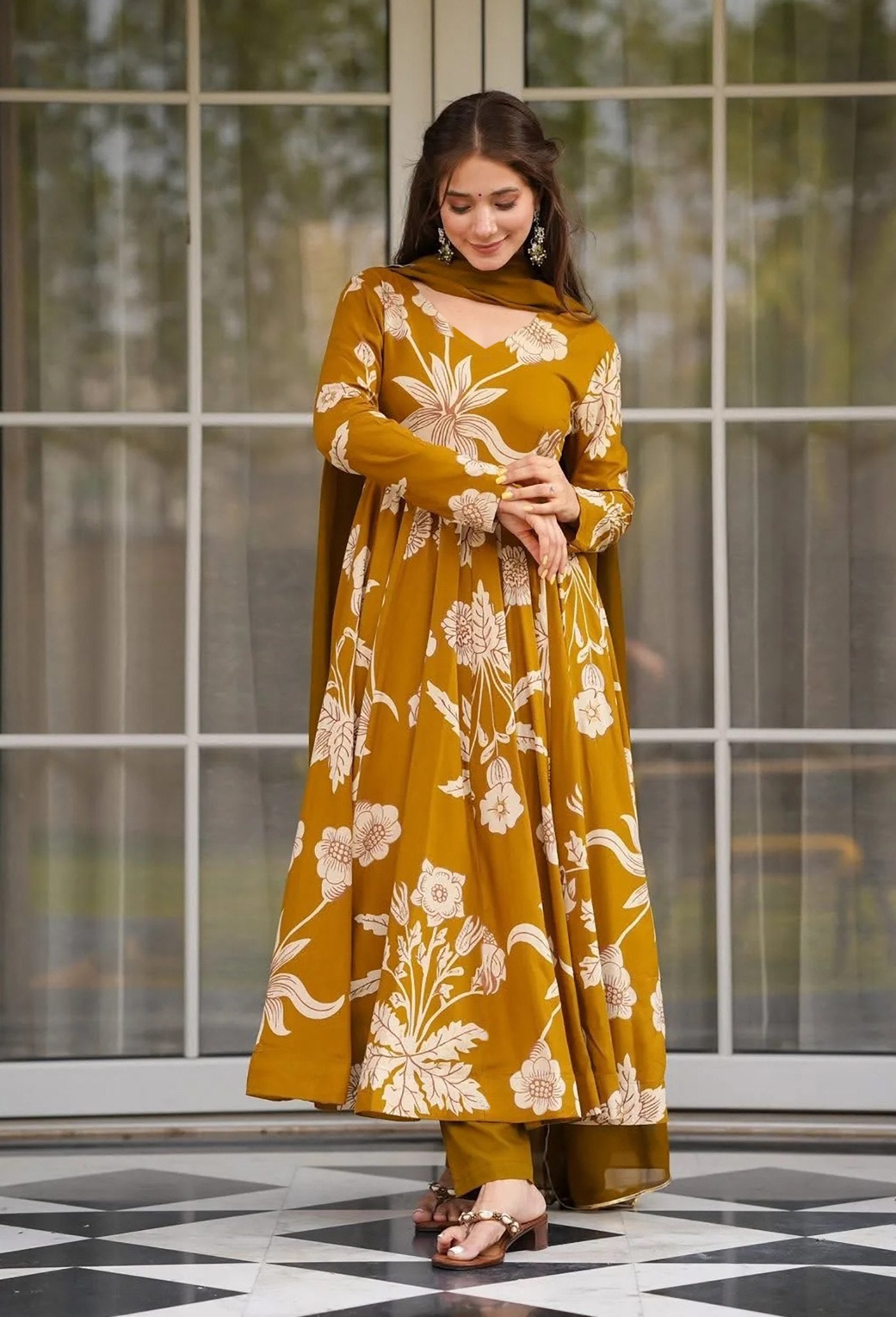 Vibrant Yellow Printed Anarkali Suit Set in Comfortable Rayon Slub