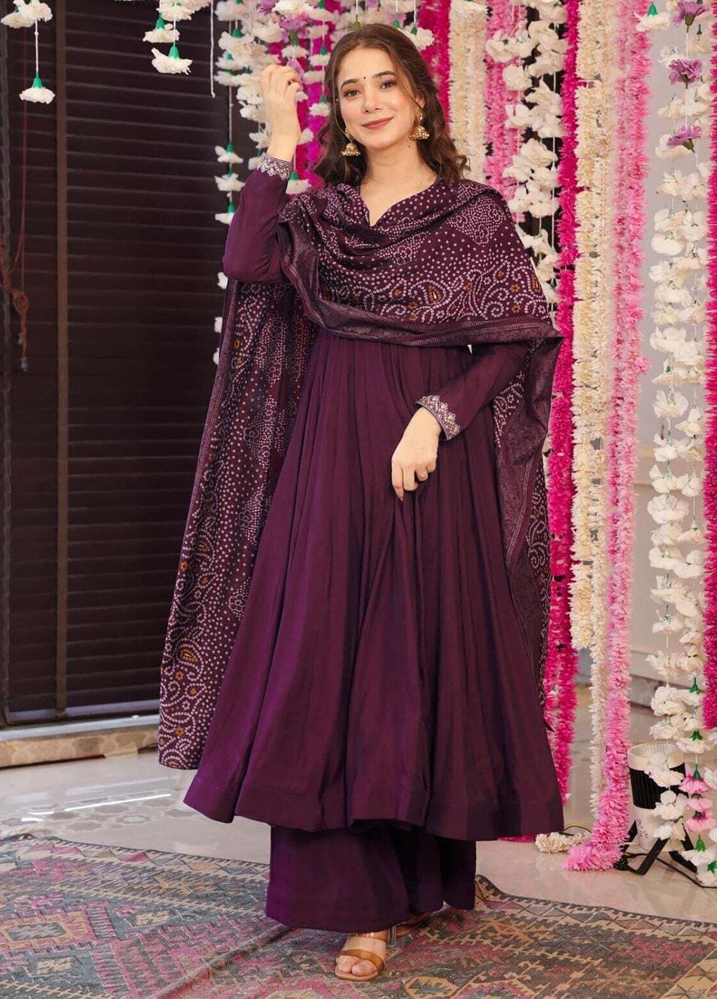 Luxurious Purple Embroidered Anarkali Plazzo Suit in Vichitra Fabric