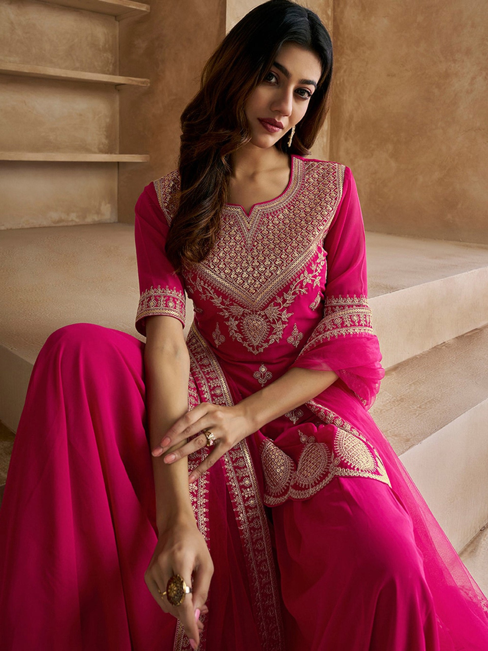 Festive Pink Embroidered Kurta Sharara Set in Elegant Georgette Fabric