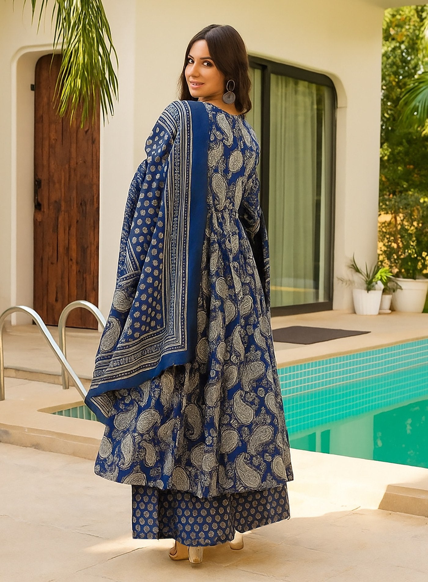 Stylish Blue Printed Anarkali Pent Set in Comfortable Rayon Slub