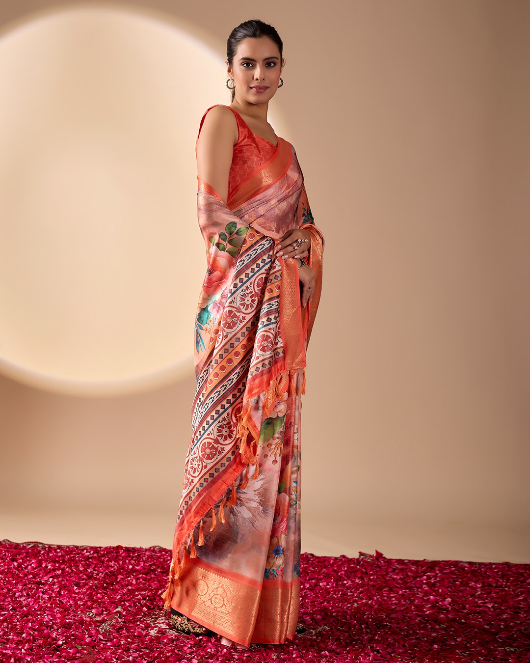 Luxurious Coral Soft Lichi Silk Saree with Elegant Floral Patterns and Zari Border