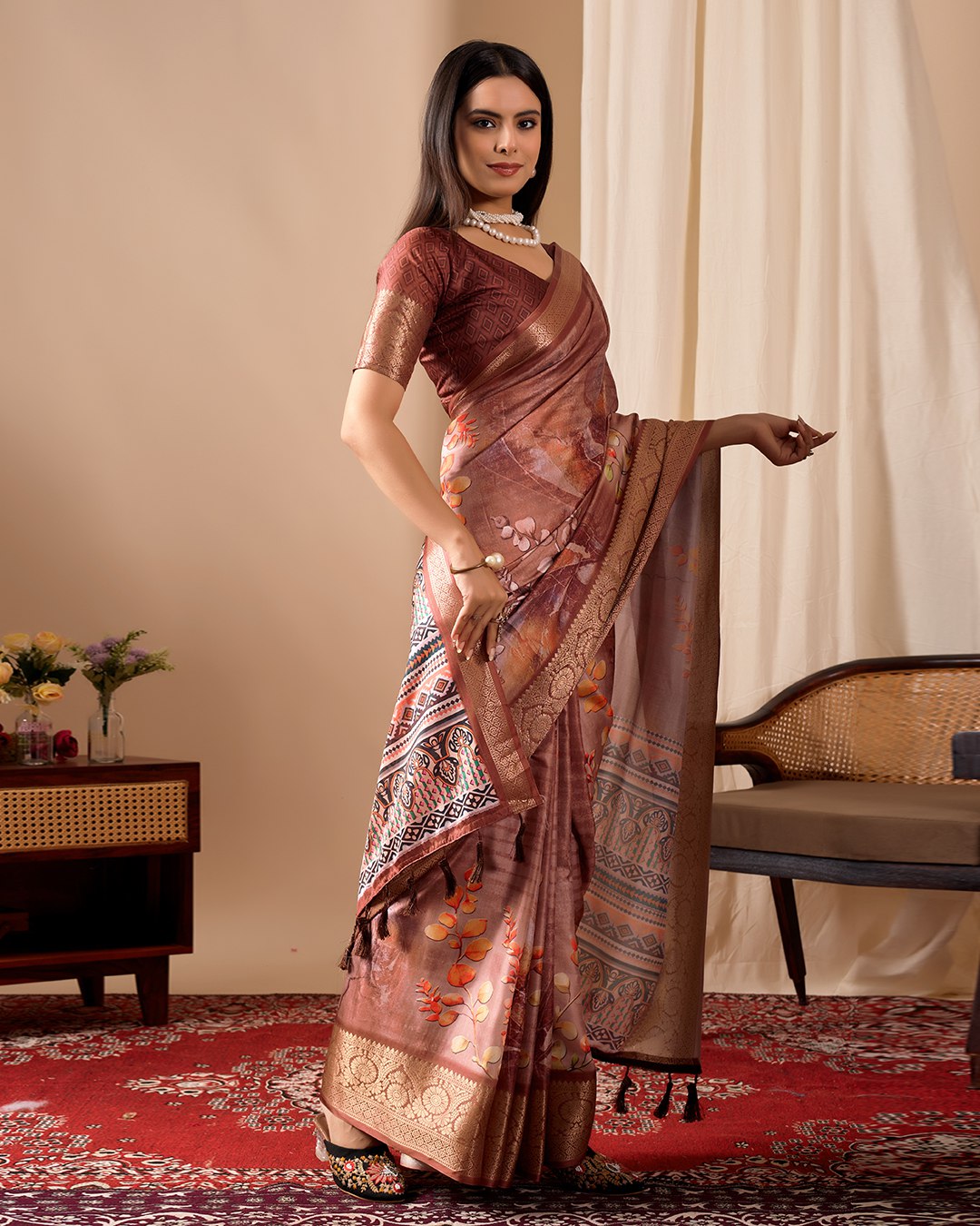 Luxurious Soft Lichi Silk Saree with Graceful Patola-Inspired Motifs