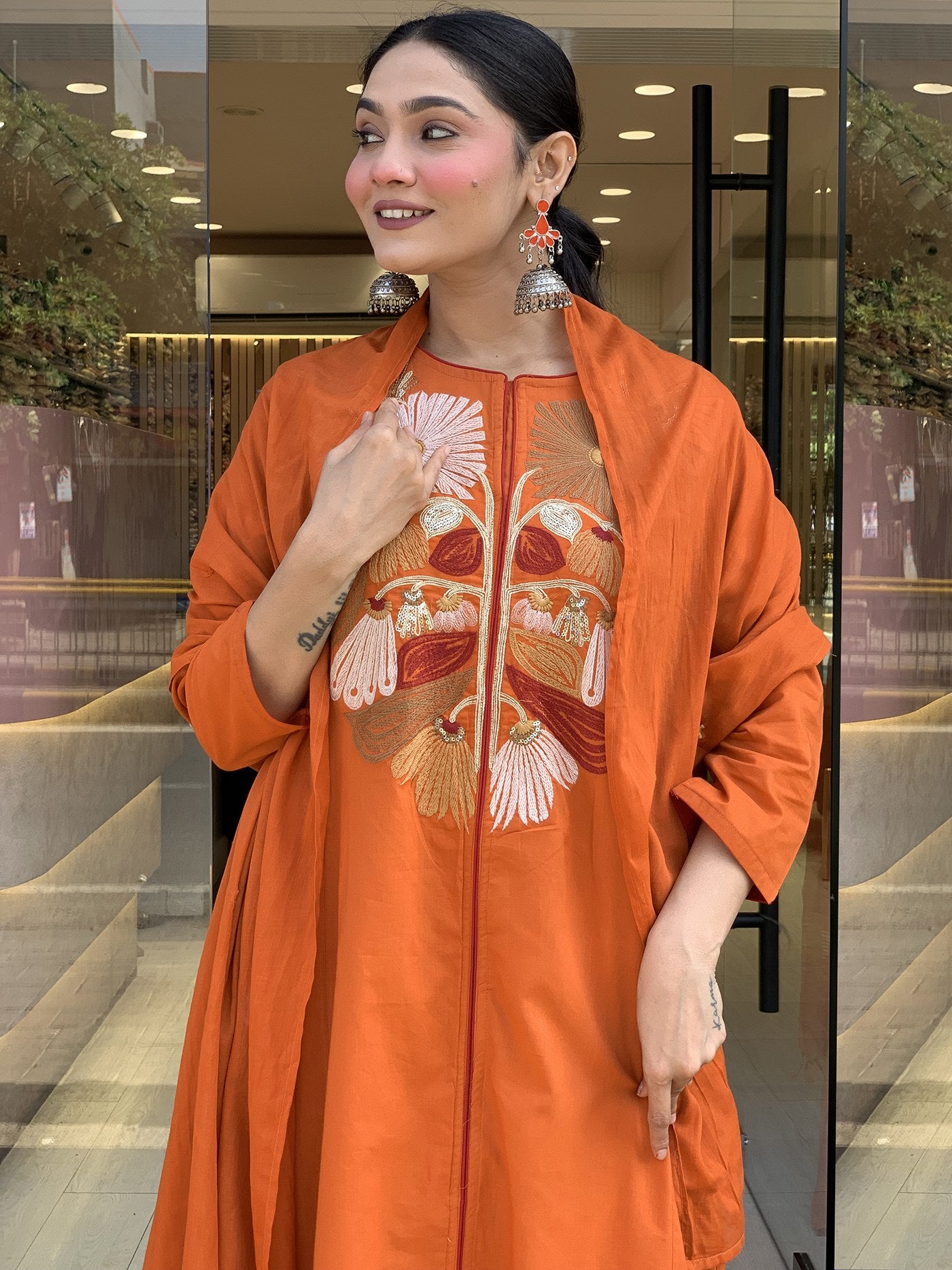 Elegant Orange Embroidered Anarkali Plazzo Suit with Chanderi Dupatta