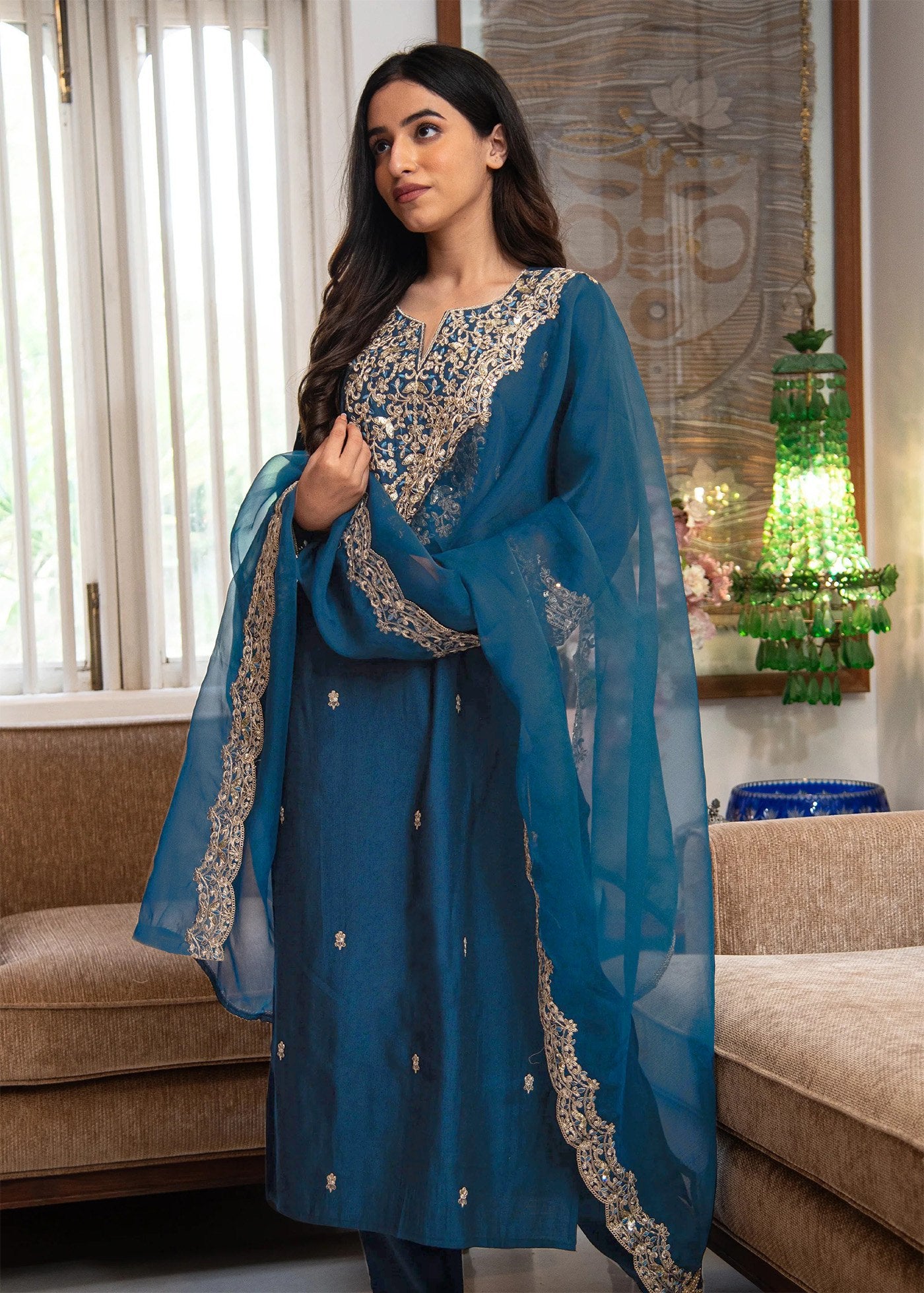 Royal Cerulean Blue Embroidered Kurta Set with Organza Dupatta