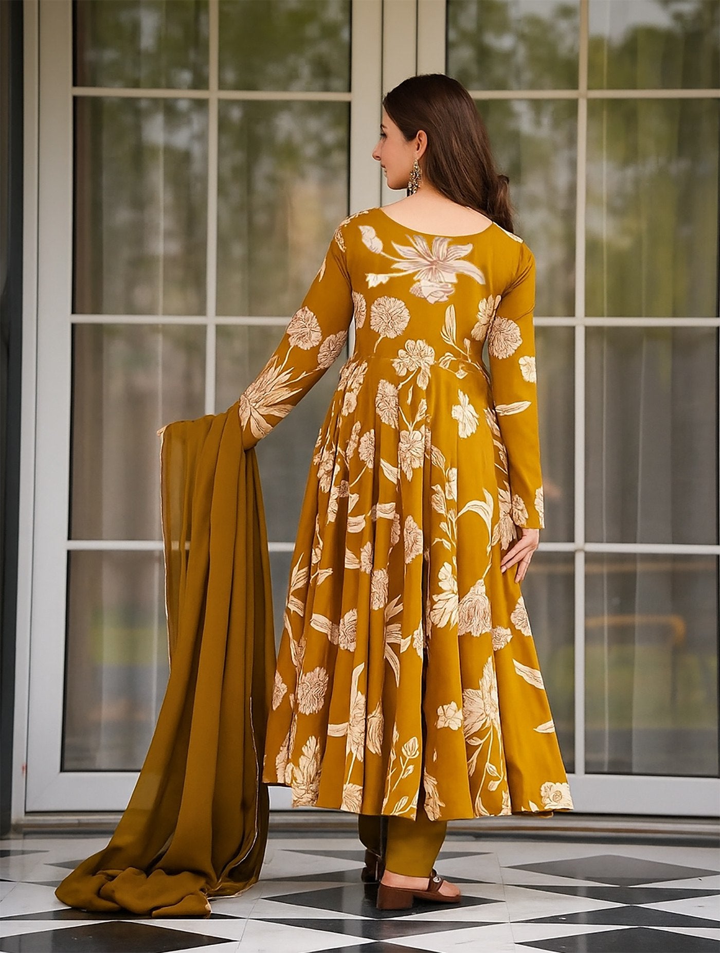 Vibrant Yellow Printed Anarkali Suit Set in Comfortable Rayon Slub