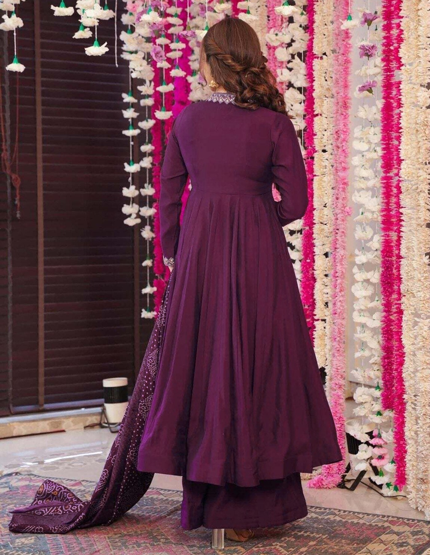 Luxurious Purple Embroidered Anarkali Plazzo Suit in Vichitra Fabric