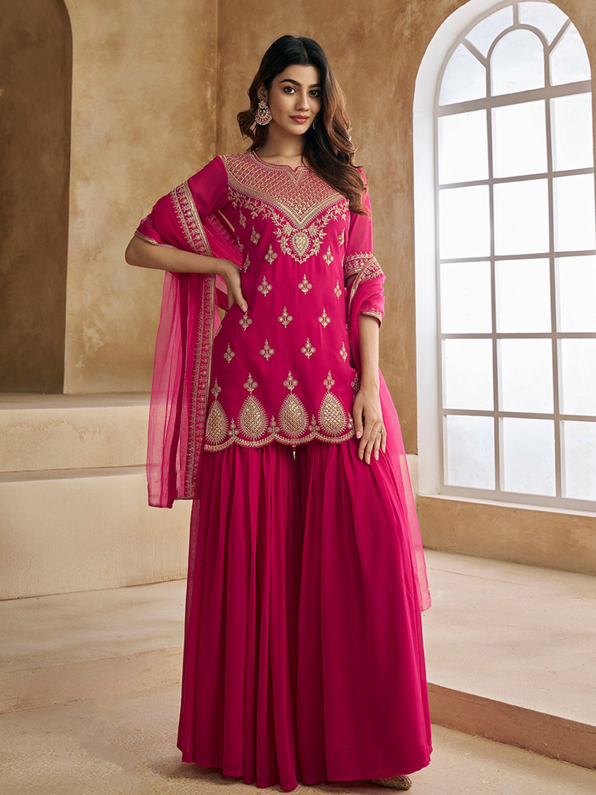 Festive Pink Embroidered Kurta Sharara Set in Elegant Georgette Fabric
