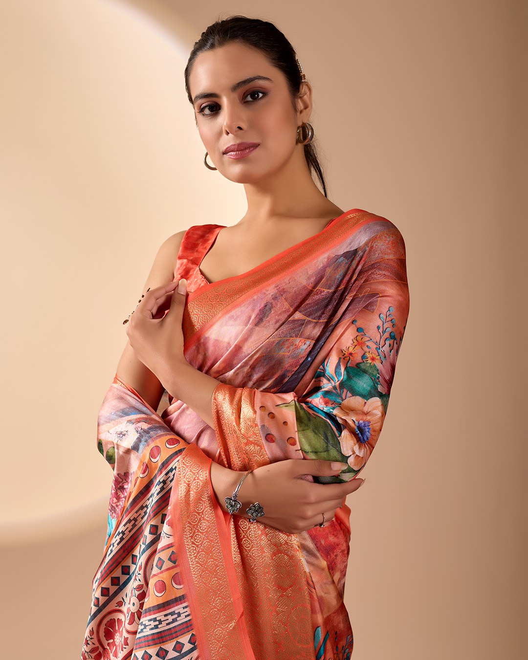 Luxurious Coral Soft Lichi Silk Saree with Elegant Floral Patterns and Zari Border