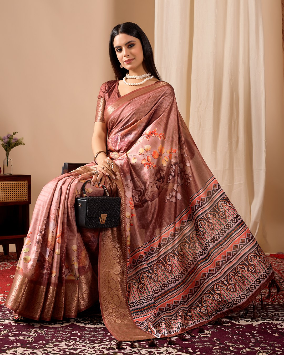 Luxurious Soft Lichi Silk Saree with Graceful Patola-Inspired Motifs