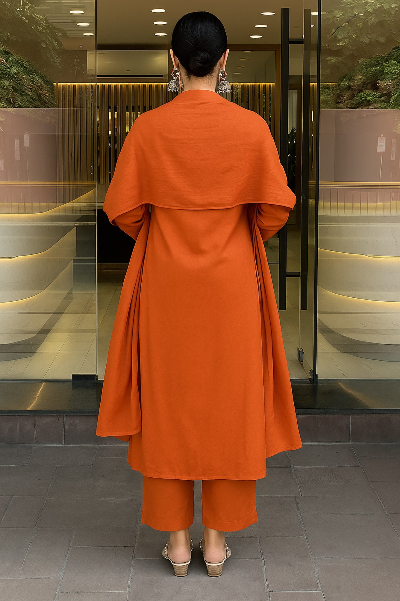 Elegant Orange Embroidered Anarkali Plazzo Suit with Chanderi Dupatta