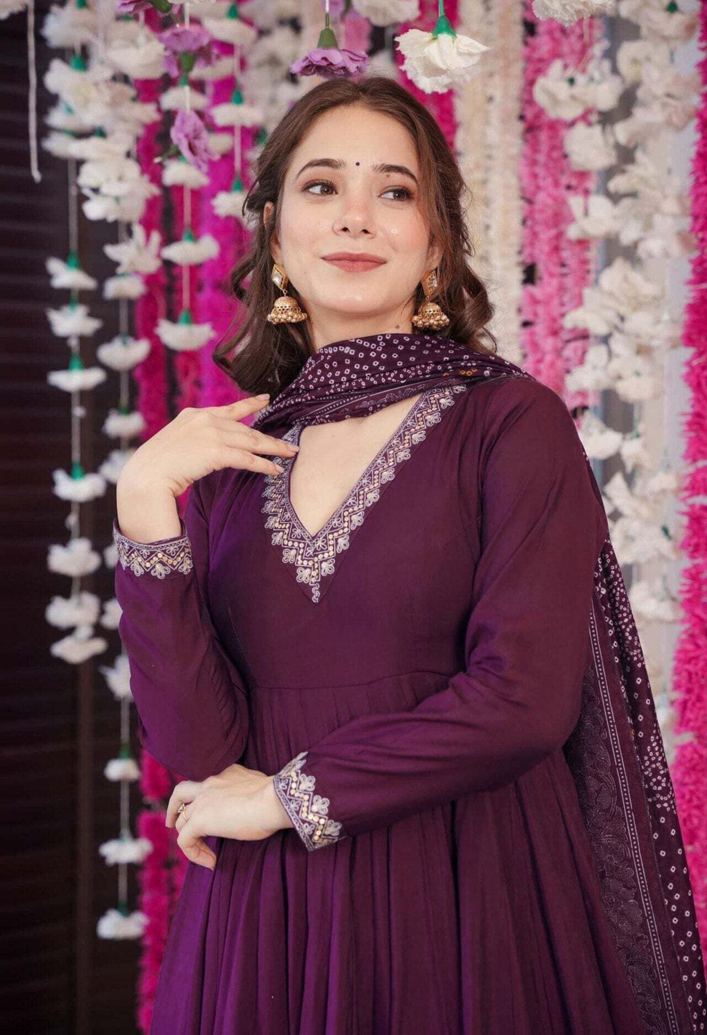 Luxurious Purple Embroidered Anarkali Plazzo Suit in Vichitra Fabric