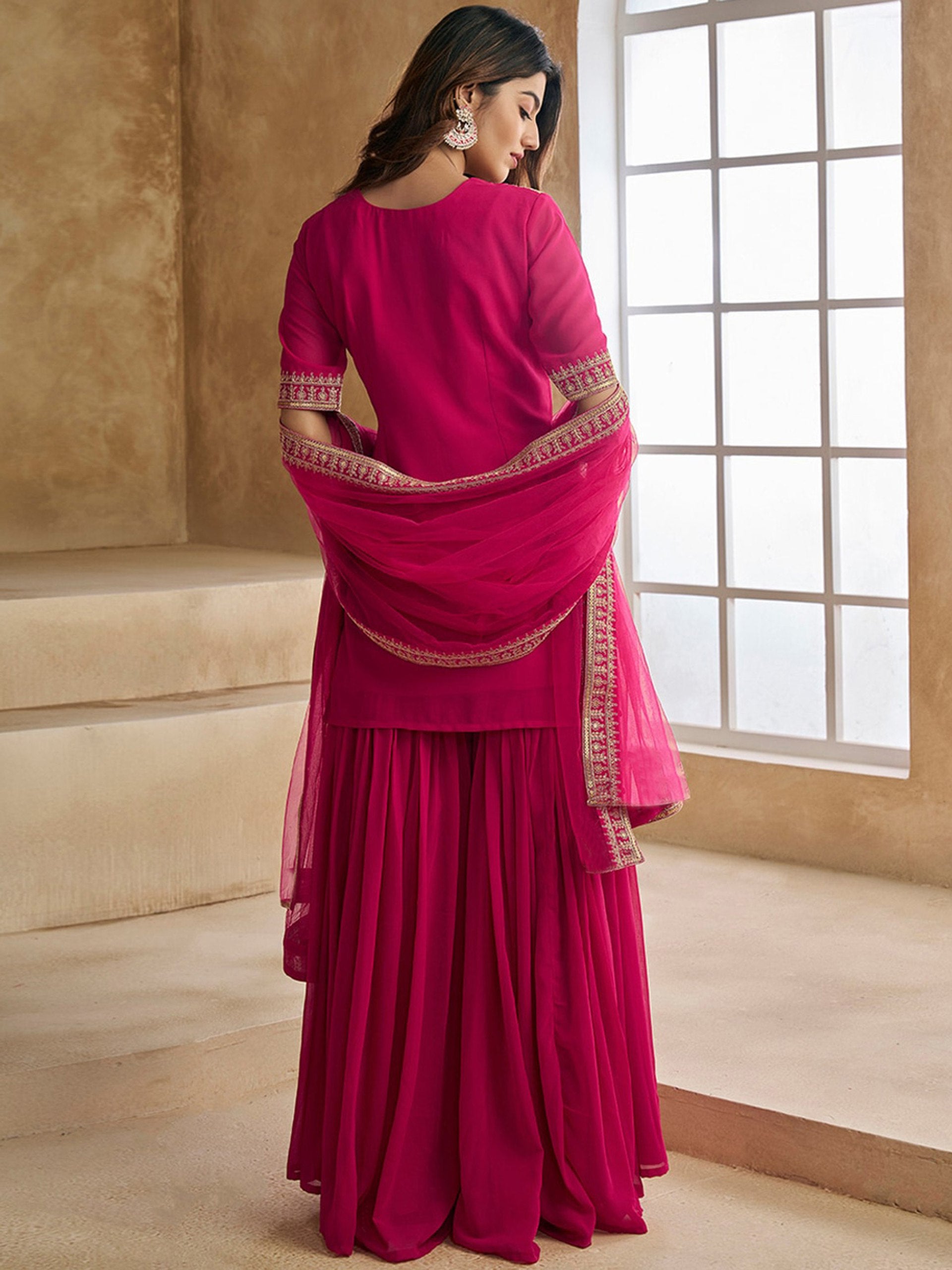Festive Pink Embroidered Kurta Sharara Set in Elegant Georgette Fabric