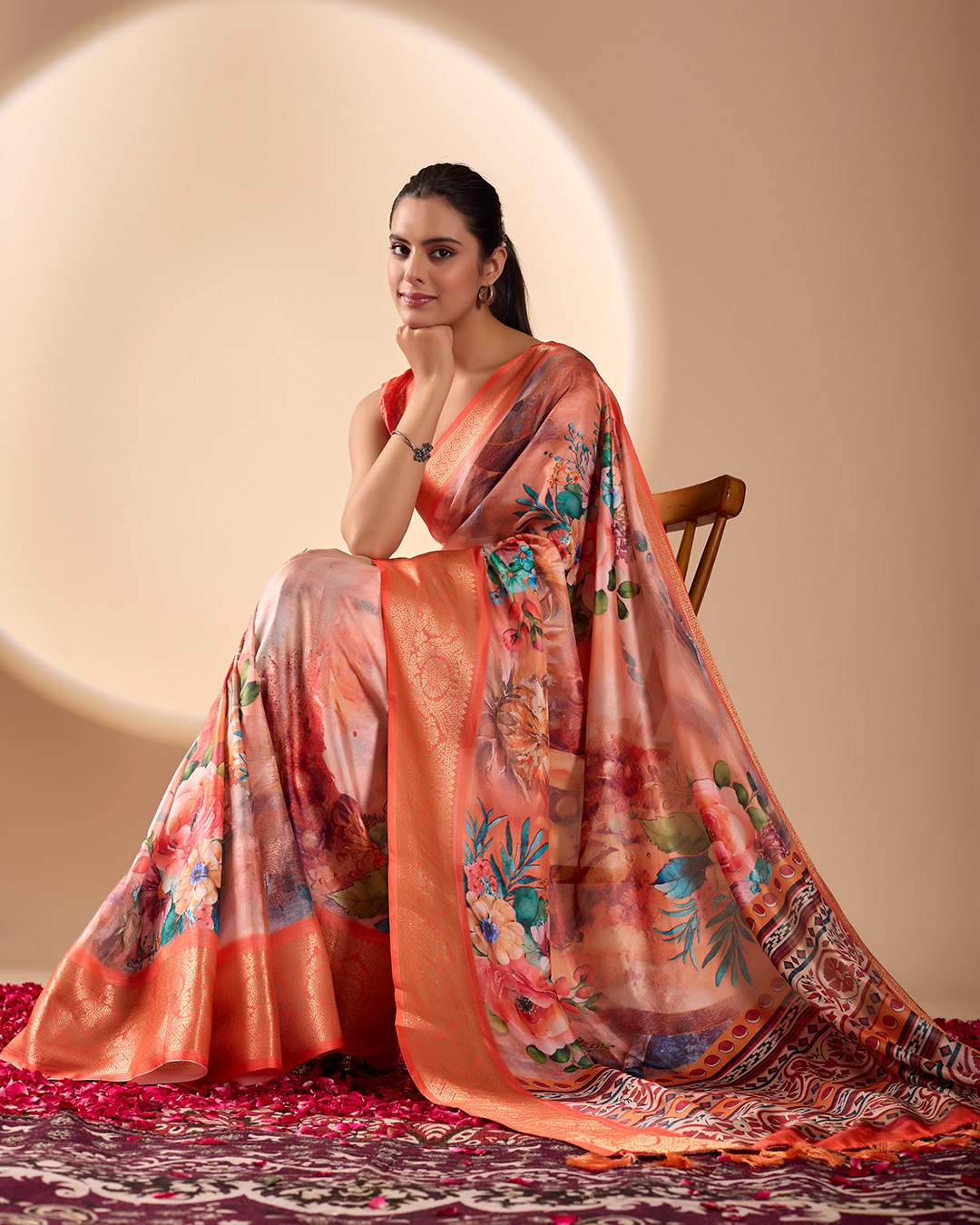 Luxurious Coral Soft Lichi Silk Saree with Elegant Floral Patterns and Zari Border