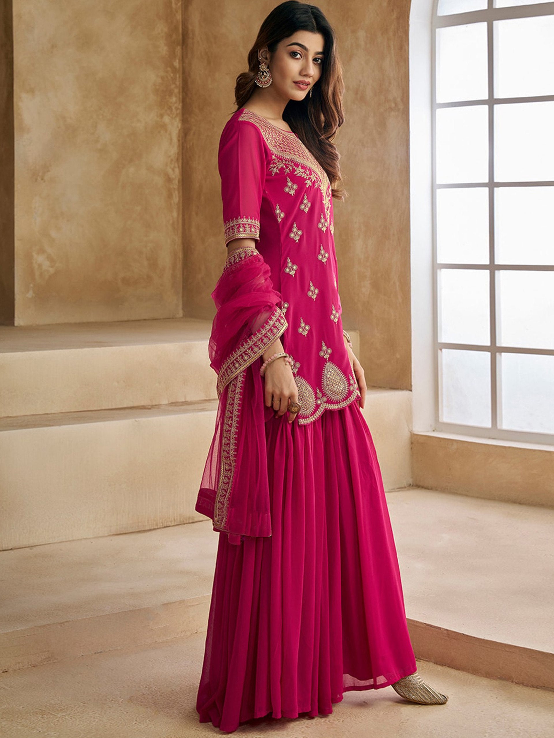 Festive Pink Embroidered Kurta Sharara Set in Elegant Georgette Fabric