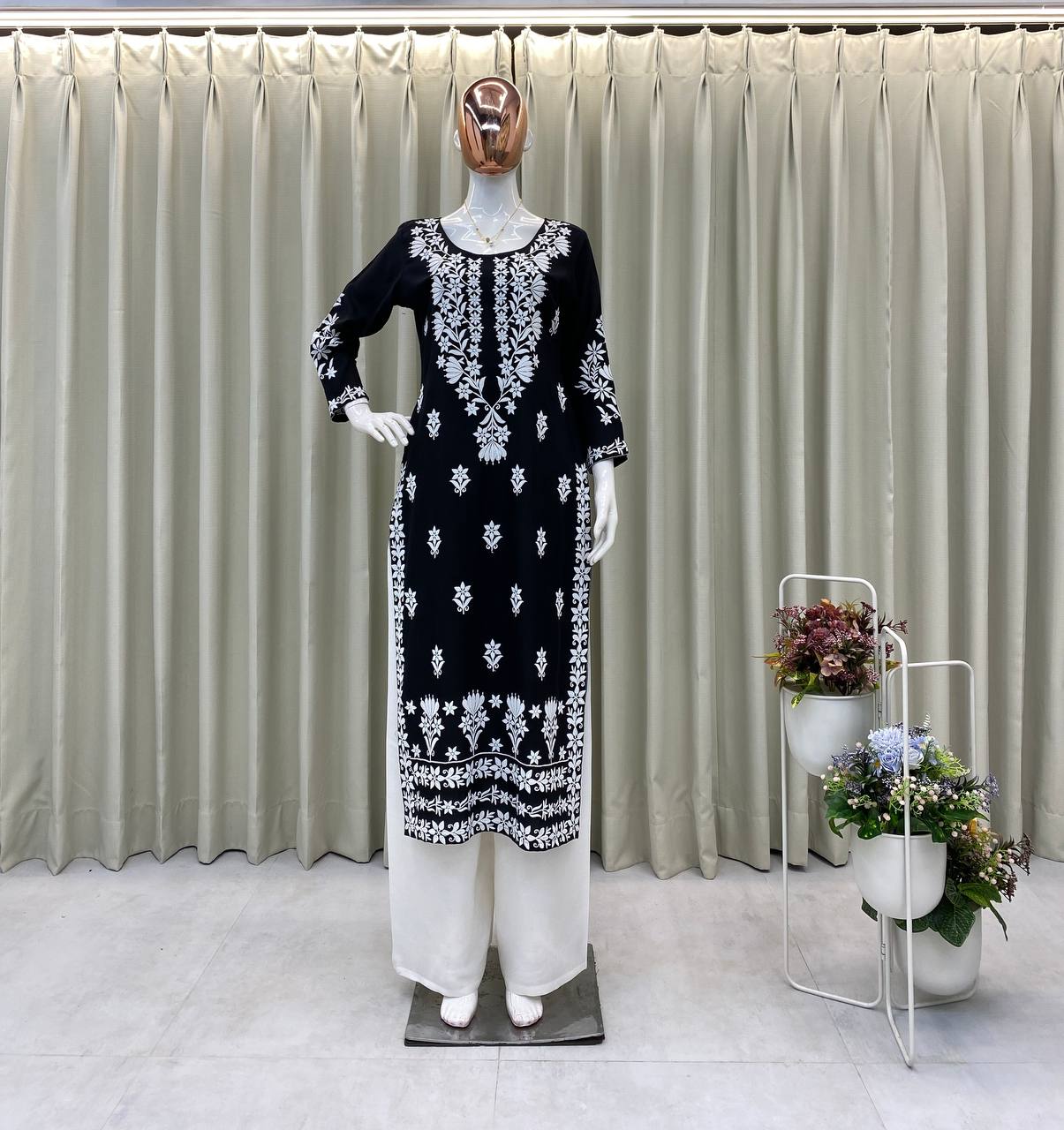Elegant Black Reyon Embroidered Kurta & Plazzo Set Summer Premium Collection