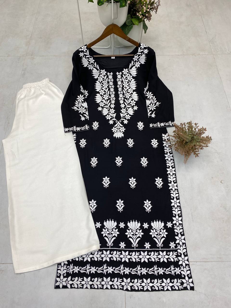 Elegant Black Reyon Embroidered Kurta & Plazzo Set Summer Premium Collection