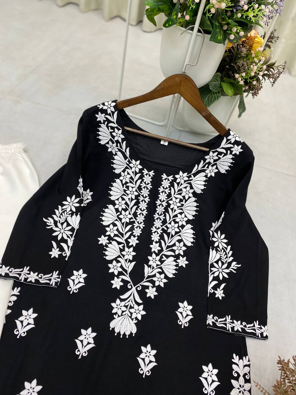 Elegant Black Reyon Embroidered Kurta & Plazzo Set Summer Premium Collection