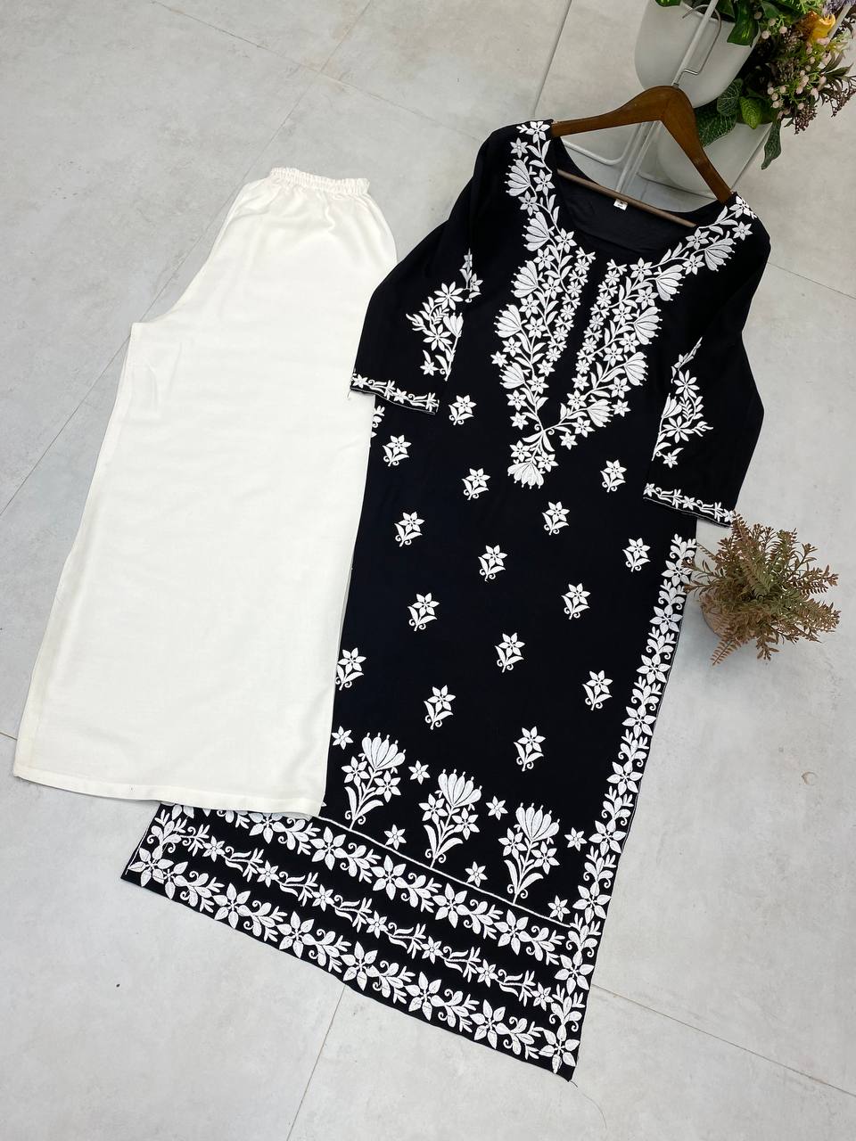 Elegant Black Reyon Embroidered Kurta & Plazzo Set Summer Premium Collection