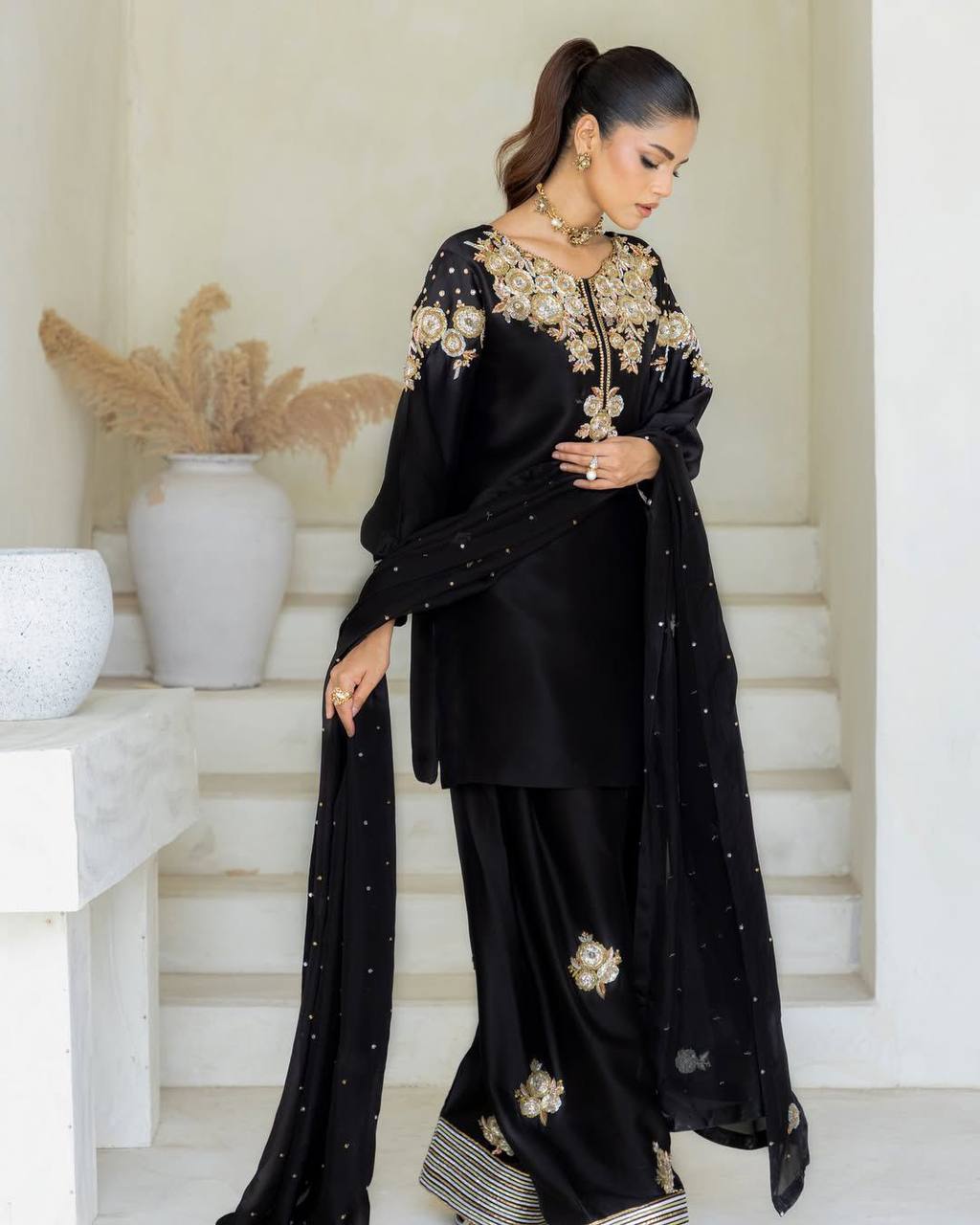 Crape Silk Sequence Embroidered Suit & Plazzo Set with Georgette Dupatta