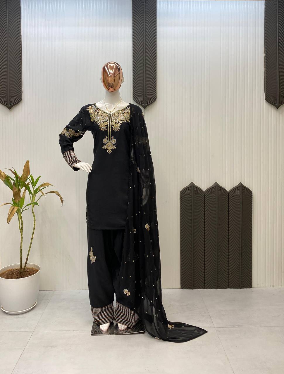 Crape Silk Sequence Embroidered Suit & Plazzo Set with Georgette Dupatta