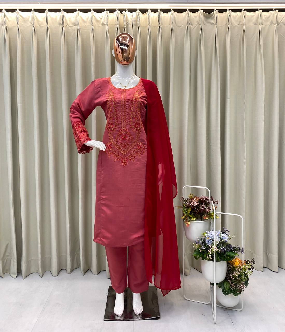 Premium Roman Silk Embroidered Suit with Georgette Dupatta