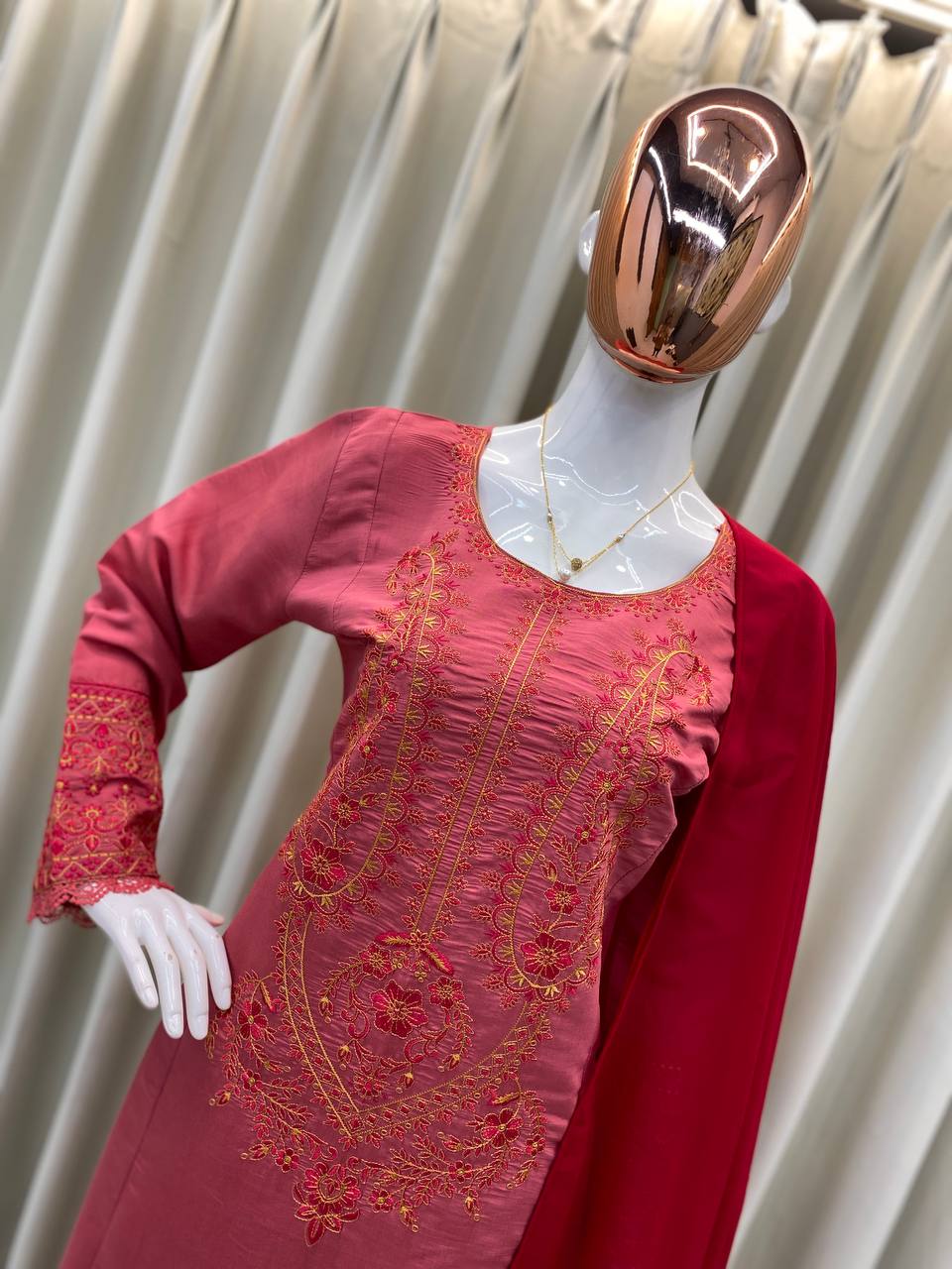 Premium Roman Silk Embroidered Suit with Georgette Dupatta