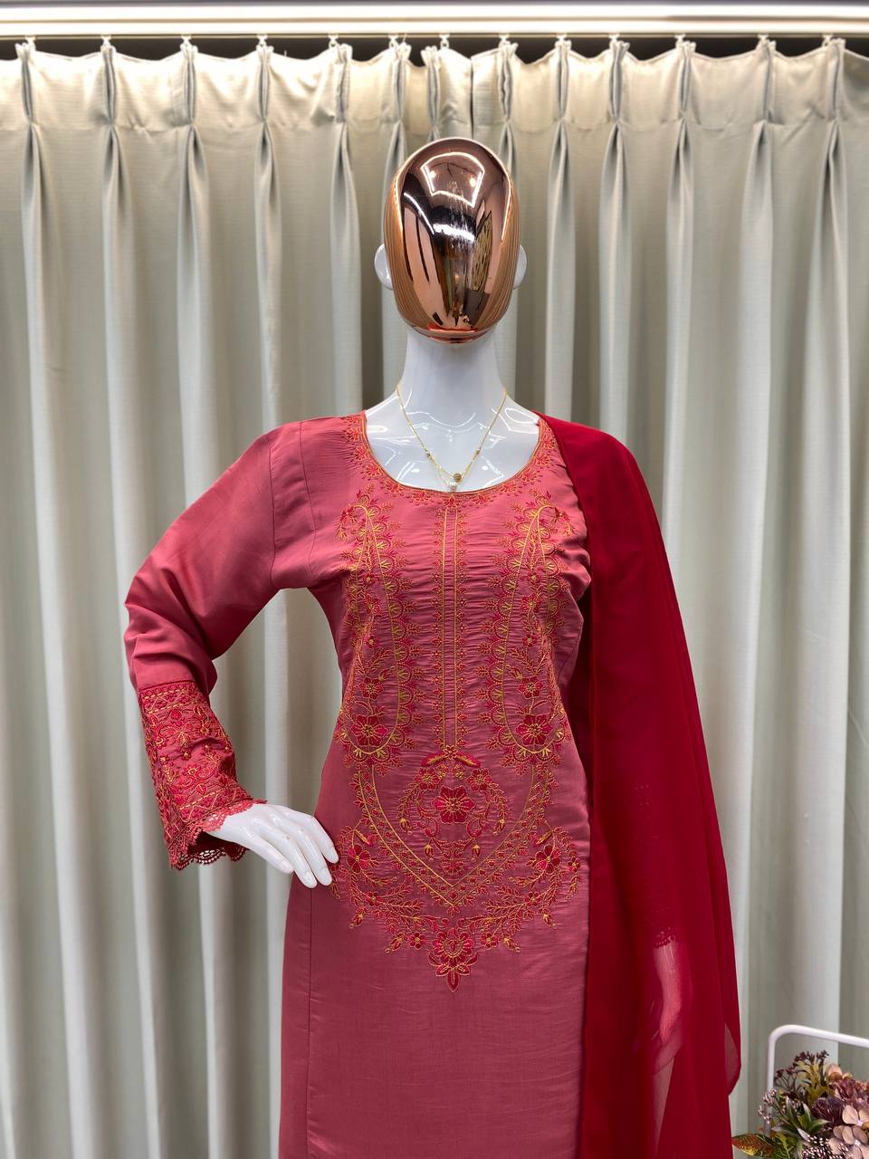 Premium Roman Silk Embroidered Suit with Georgette Dupatta