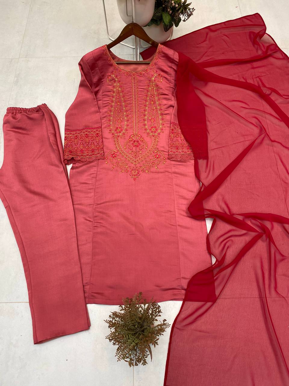 Premium Roman Silk Embroidered Suit with Georgette Dupatta