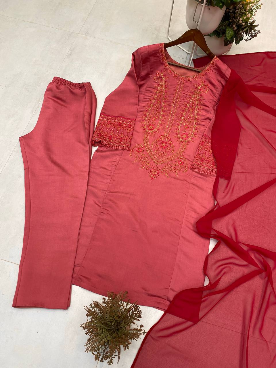 Premium Roman Silk Embroidered Suit with Georgette Dupatta
