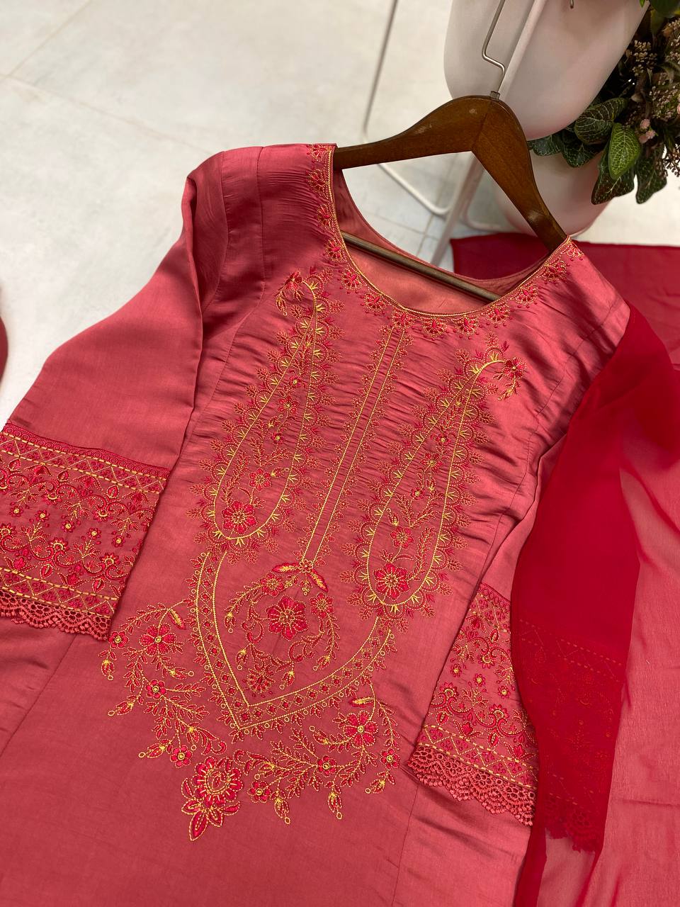 Premium Roman Silk Embroidered Suit with Georgette Dupatta