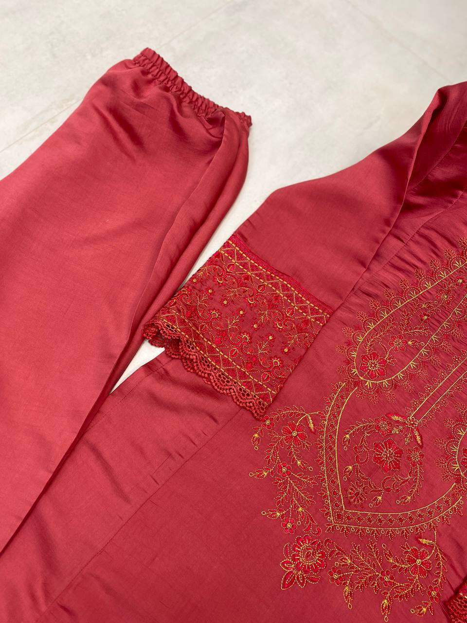 Premium Roman Silk Embroidered Suit with Georgette Dupatta