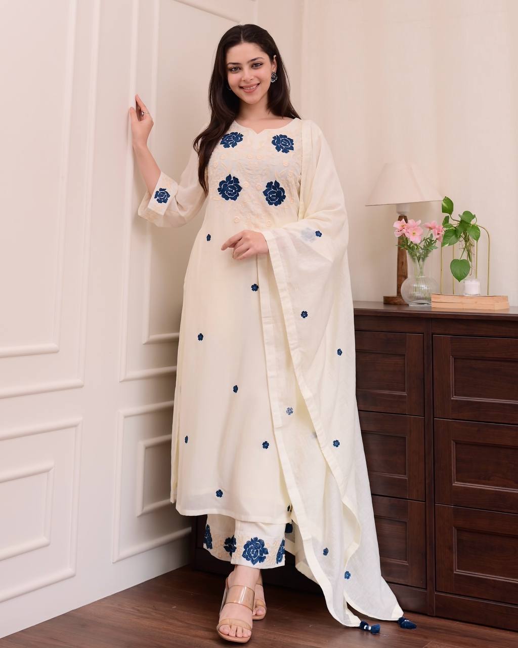 Designer Roman Silk Embroidered Suit with Pant & Dupatta