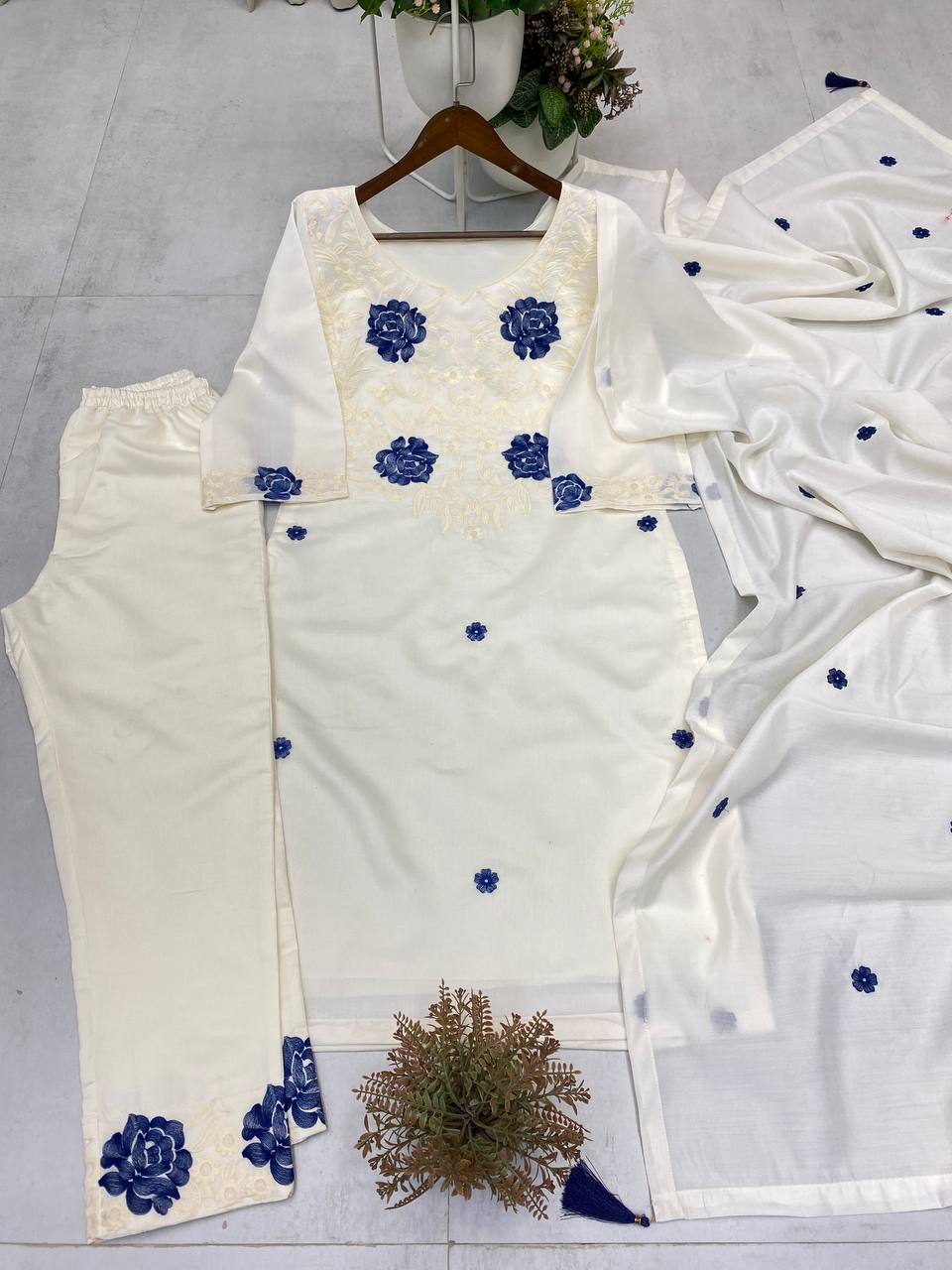 Designer Roman Silk Embroidered Suit with Pant & Dupatta