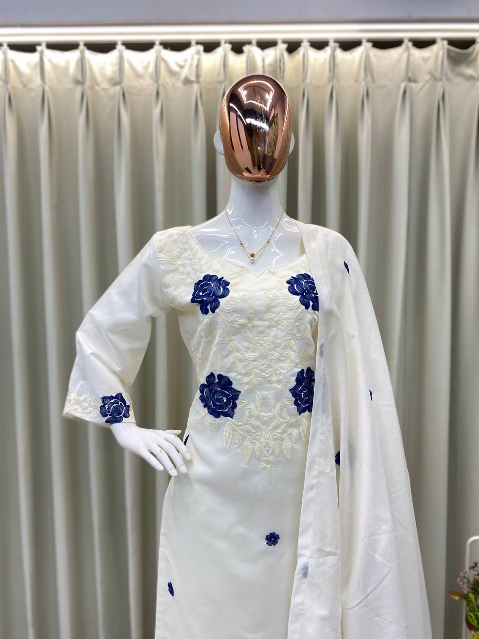 Designer Roman Silk Embroidered Suit with Pant & Dupatta