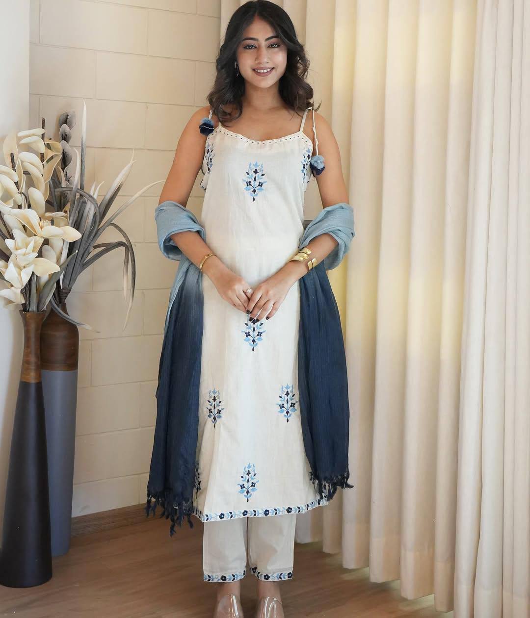 Kora Cotton Embroidered Straight Kurti Pant Set with Digital Printed Sequence Dupatta