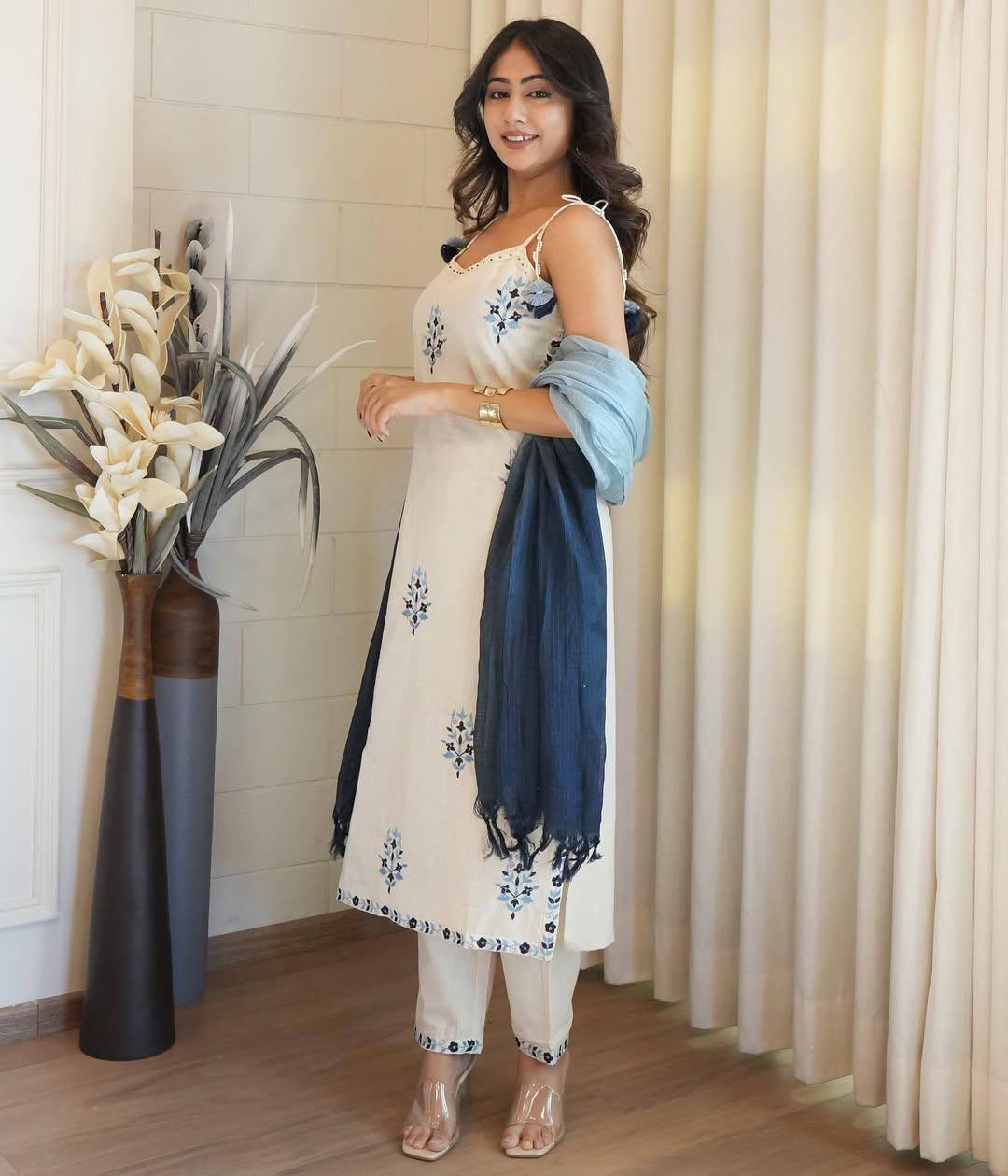 Kora Cotton Embroidered Straight Kurti Pant Set with Digital Printed Sequence Dupatta