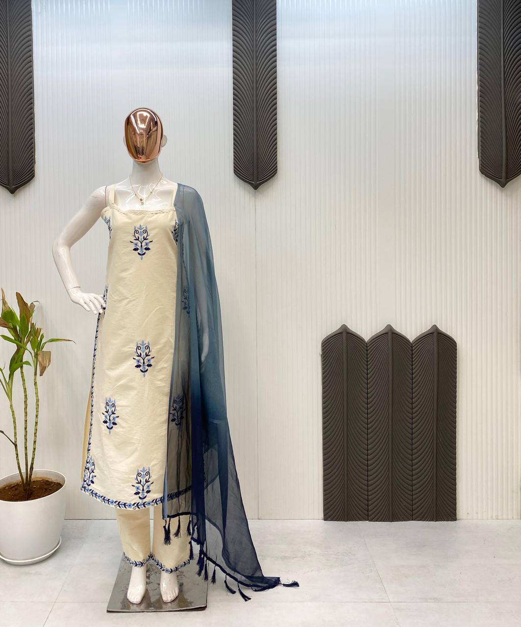 Kora Cotton Embroidered Straight Kurti Pant Set with Digital Printed Sequence Dupatta