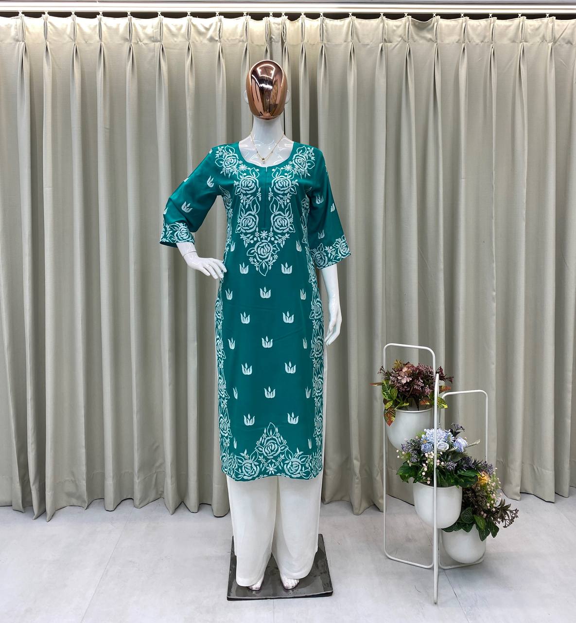 Teal Embroidered Reyon Kurta with White Palazzo Daily Wear Comfort Set