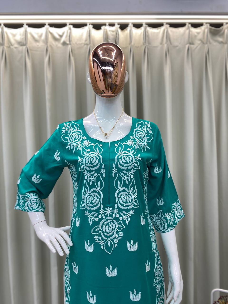 Teal Embroidered Reyon Kurta with White Palazzo Daily Wear Comfort Set