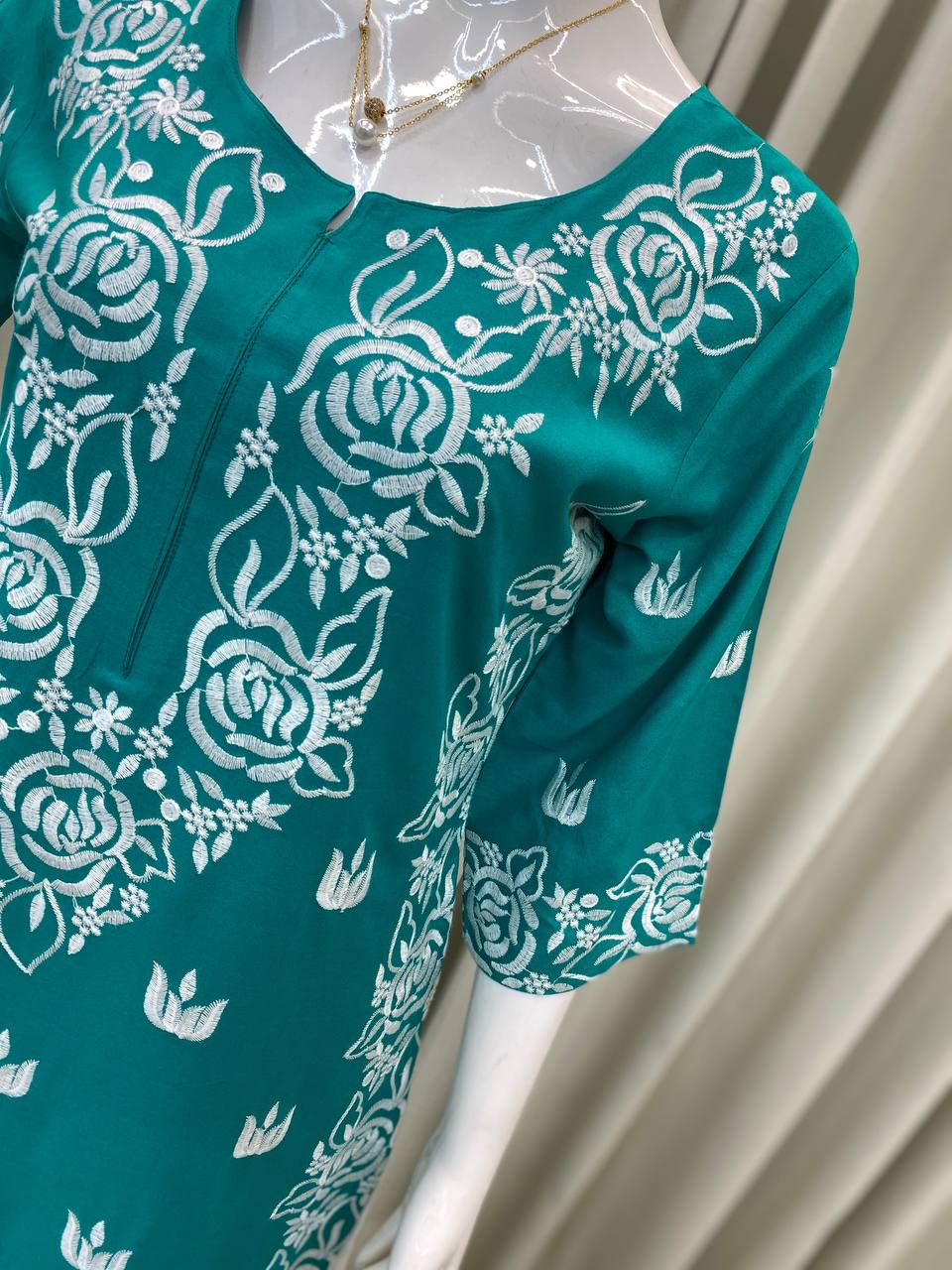 Teal Embroidered Reyon Kurta with White Palazzo Daily Wear Comfort Set