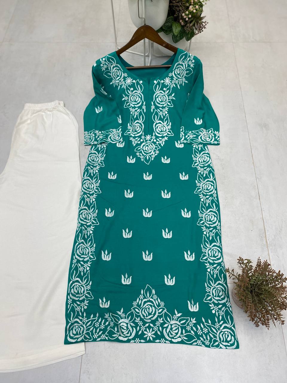 Teal Embroidered Reyon Kurta with White Palazzo Daily Wear Comfort Set