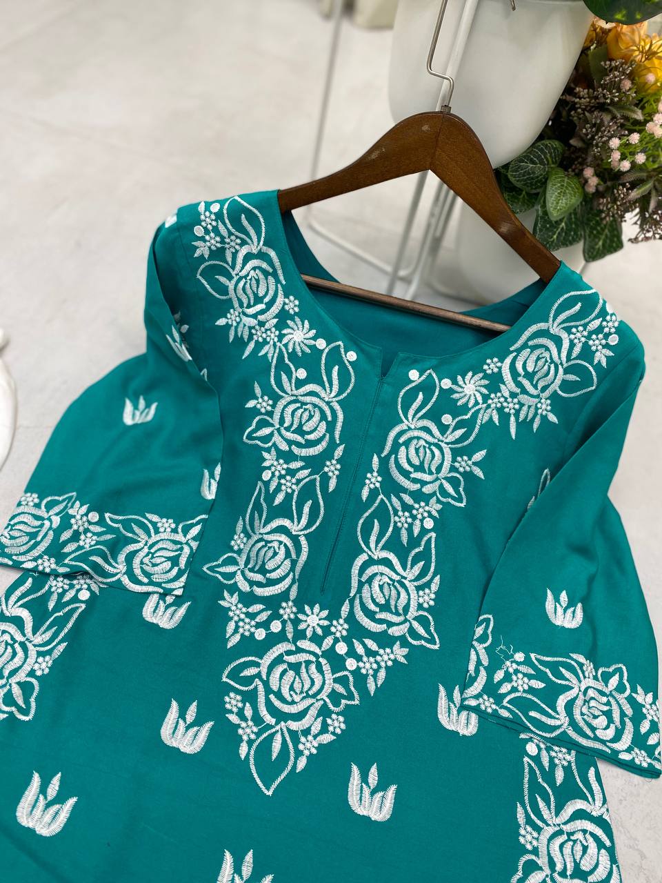 Teal Embroidered Reyon Kurta with White Palazzo Daily Wear Comfort Set