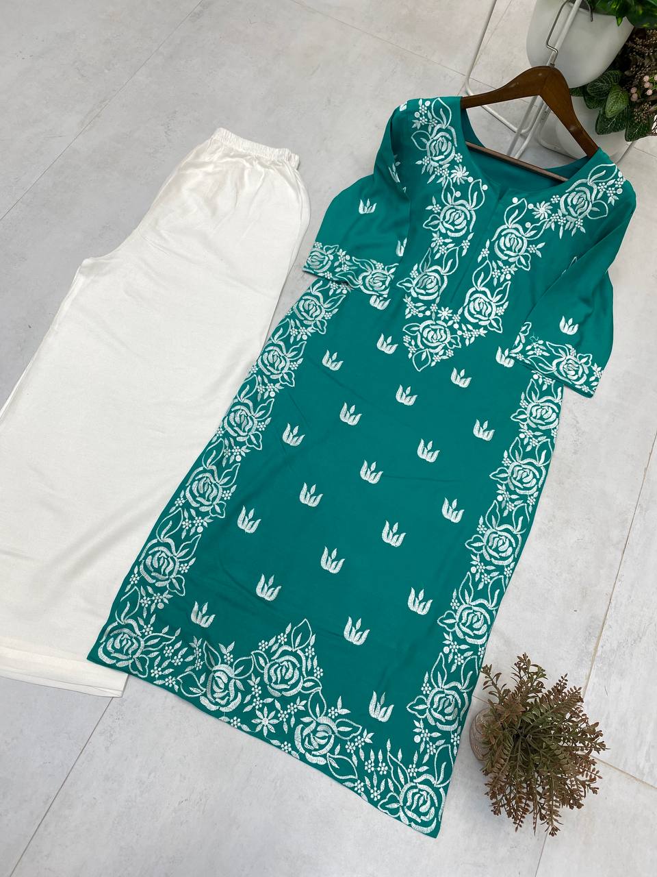 Teal Embroidered Reyon Kurta with White Palazzo Daily Wear Comfort Set