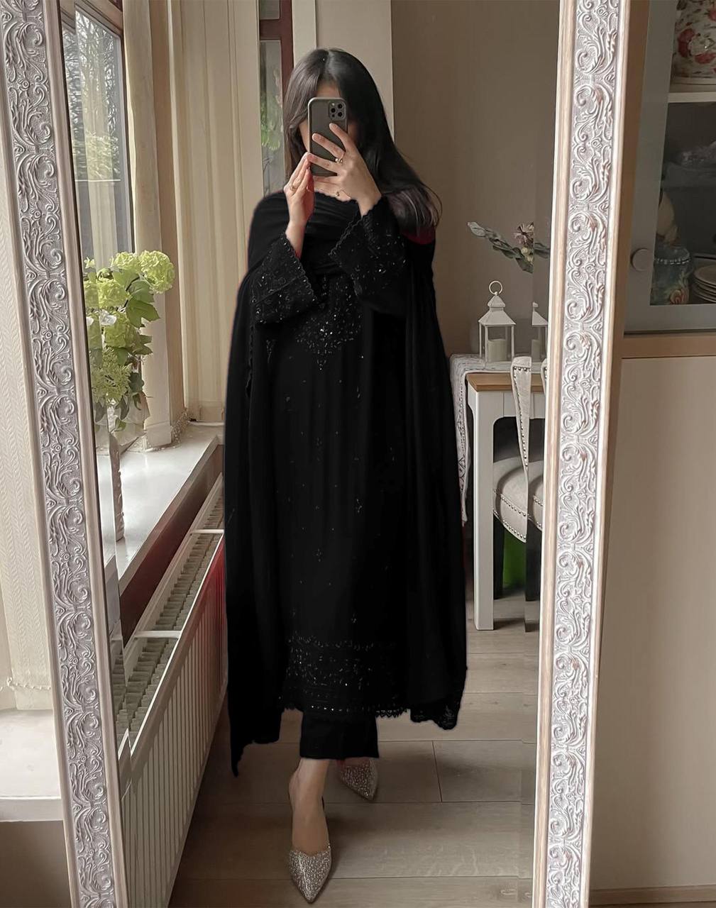 Premium Georgette Sequence Embroidered Kurti Pant Set with Dupatta