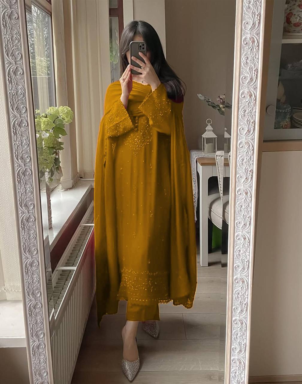 Premium Georgette Sequence Embroidered Kurti Pant Set with Dupatta