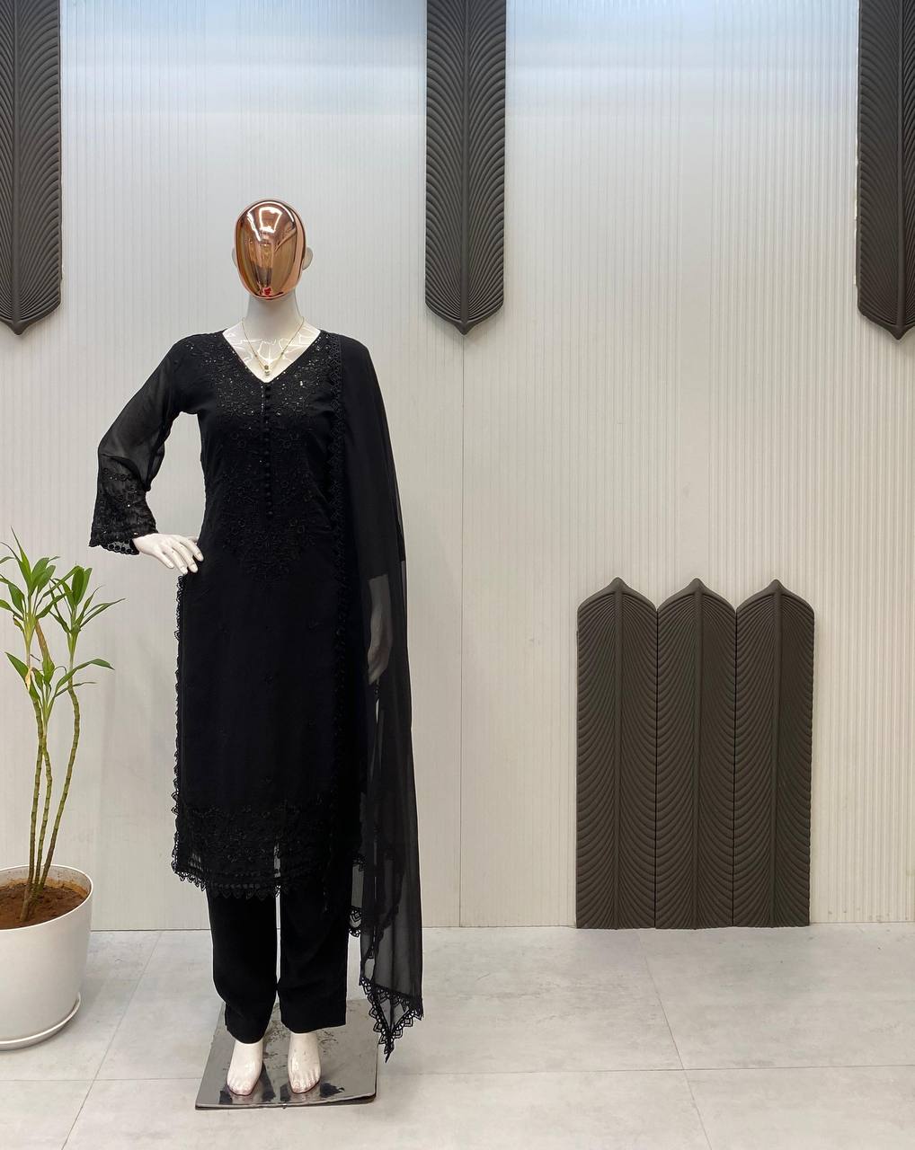 Premium Georgette Sequence Embroidered Kurti Pant Set with Dupatta